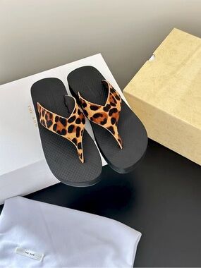 The Row Leopard Print Calf Hair Strap Wedge Flip Flop Thong Sandals